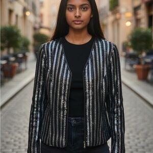 Frank Lyman Design Black and Silver Sequin Mesh Zip Front Blazer Size 6
